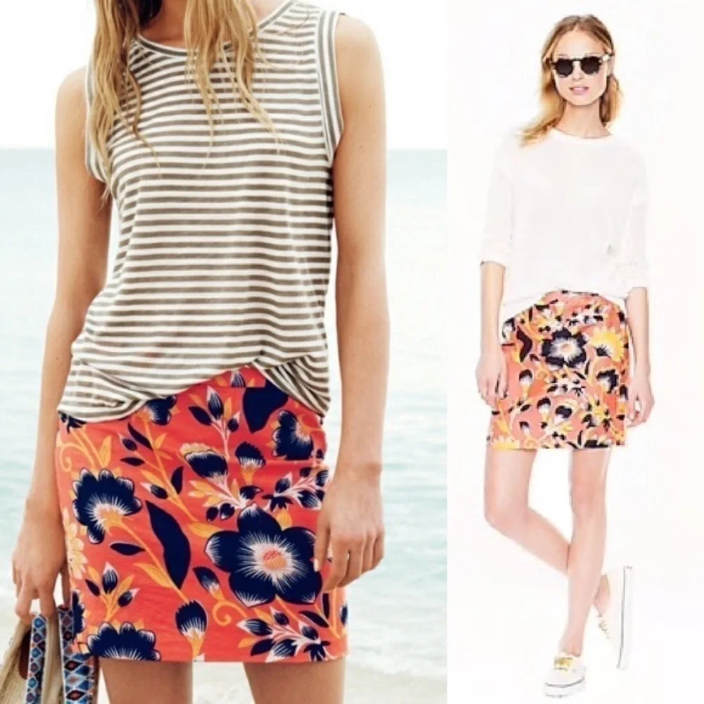 J. Crew Skirt Womens 0 Orange Tropical Floral Preppy Resortwear Coastal Yacht